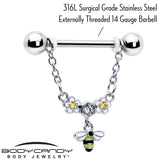 14G 9/16 Yellow CZ Gem Flower Bee Chain Dangle Nipple Ring Set