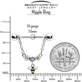 14G 9/16 Yellow CZ Gem Flower Bee Chain Dangle Nipple Ring Set