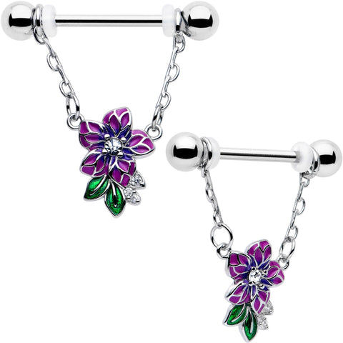 14G 9/16 Clear CZ Gem Flower Purple Chain Dangle Nipple Ring Set