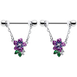 14G 9/16 Clear CZ Gem Flower Purple Chain Dangle Nipple Ring Set