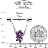 14G 9/16 Clear CZ Gem Flower Purple Chain Dangle Nipple Ring Set