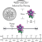 14G Clear CZ Gem Flower Purple Industrial Barbell 38mm