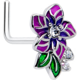 20G 7mm Clear CZ Gem Flower Purple L Shape Nose Ring