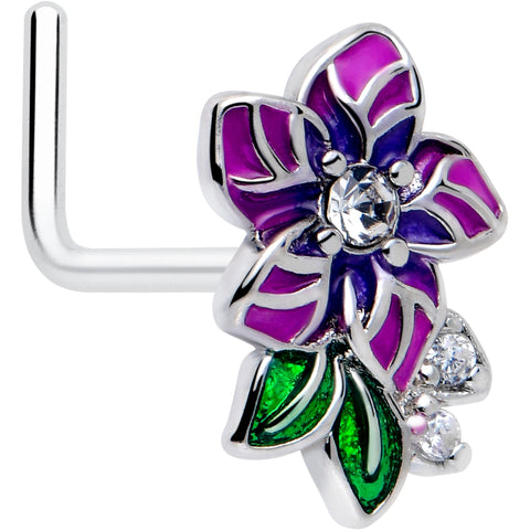 20G 7mm Clear CZ Gem Flower Purple L Shape Nose Ring