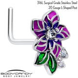 20G 7mm Clear CZ Gem Flower Purple L Shape Nose Ring