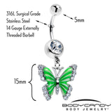 Clear CZ Gem Butterfly Green Dangle Belly Ring