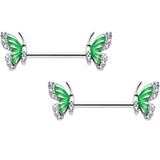 14G 9/16 Clear CZ Gem Butterfly Green Barbell Nipple Ring Set