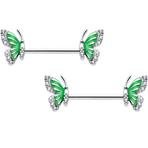 14G 9/16 Clear CZ Gem Butterfly Green Barbell Nipple Ring Set