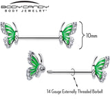 14G 9/16 Clear CZ Gem Butterfly Green Barbell Nipple Ring Set