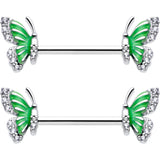 14G 9/16 Clear CZ Gem Butterfly Green Barbell Nipple Ring Set