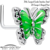 20G 7mm Butterfly Green Splash L Shape Nose Ring