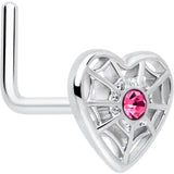 20G 7mm Pink Gem Spiderweb Heart Love L Shape Nose Ring