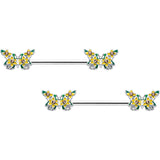 14G 9/16 Yellow CZ Gem Blooming Butterfly Barbell Nipple Ring Set