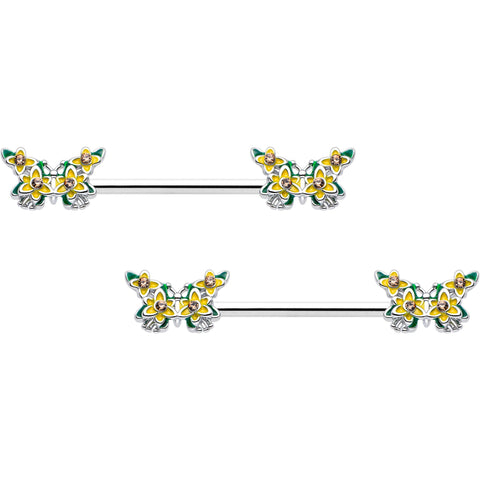 14G 9/16 Yellow CZ Gem Blooming Butterfly Barbell Nipple Ring Set