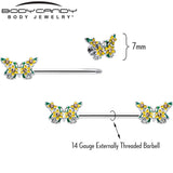 14G 9/16 Yellow CZ Gem Blooming Butterfly Barbell Nipple Ring Set