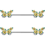 14G 9/16 Yellow CZ Gem Blooming Butterfly Barbell Nipple Ring Set