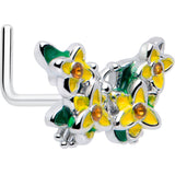 20G 7mm Yellow CZ Gem Blooming Butterfly L Shape Nose Ring