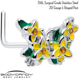 20G 7mm Yellow CZ Gem Blooming Butterfly L Shape Nose Ring