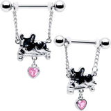 14G 9/16 Pink Gem Sleepy French Bulldog Chain Dangle Nipple Ring Set