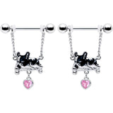 14G 9/16 Pink Gem Sleepy French Bulldog Chain Dangle Nipple Ring Set