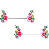 14G 9/16 Green Pink Gem Caterpillar Flower Barbell Nipple Ring Set