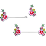14G 9/16 Green Pink Gem Caterpillar Flower Barbell Nipple Ring Set