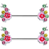 14G 9/16 Green Pink Gem Caterpillar Flower Barbell Nipple Ring Set