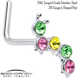 20G 7mm Pink Green CZ Gem Caterpillar L Shape Nose Ring