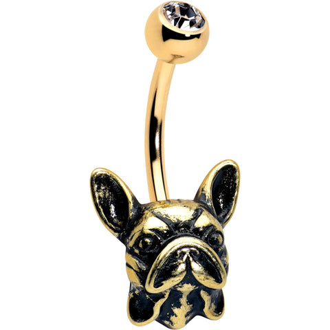Clear CZ Gem Gold Tone Anodized French Bulldog Belly Ring