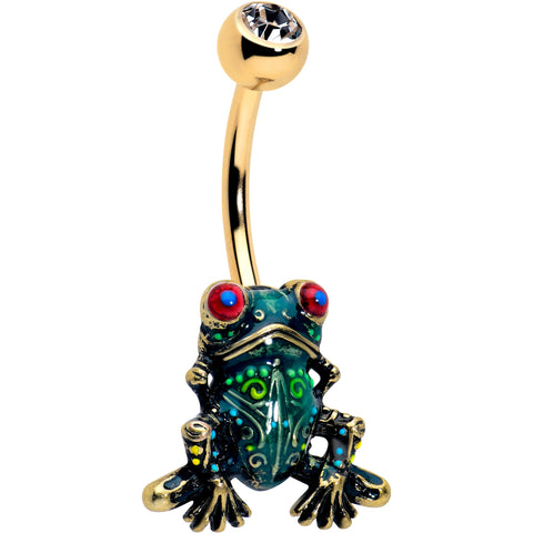 Clear CZ Gem Gold Tone Anodized Colorful Tree Frog Belly Ring