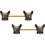 14G 5/8 Gold Tone Anodized French Bulldog Barbell Nipple Ring Set