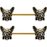 14G 5/8 Gold Tone Anodized French Bulldog Barbell Nipple Ring Set