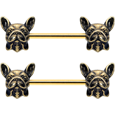 14G 5/8 Gold Tone Anodized French Bulldog Barbell Nipple Ring Set