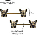 14G 5/8 Gold Tone Anodized French Bulldog Barbell Nipple Ring Set