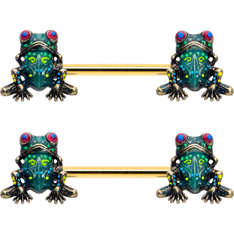 14G 5/8 Gold Tone Anodized Colorful Tree Frog Nipple Ring Set