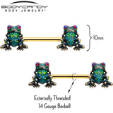 14G 5/8 Gold Tone Anodized Colorful Tree Frog Nipple Ring Set