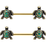 14G 5/8 Gold Tone Anodized Sea Turtle Style Barbell Nipple Ring Set