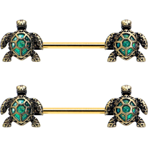 14G 5/8 Gold Tone Anodized Sea Turtle Style Barbell Nipple Ring Set