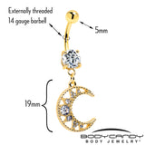Clear CZ Gem Gold Tone Anodized Crescent Moon Glam Dangle Belly Ring