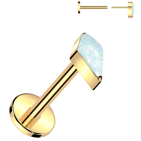 18G 5/16 White Synthetic Opal Spear Gold PVD Medical Grade Titanium Flat Back Earring