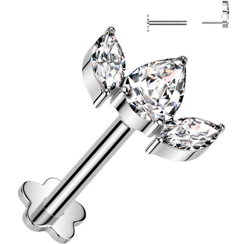 18G 5/16 Clear CZ Gem Oval Trio Medical Grade Titanium Reversible Flat Back Earring