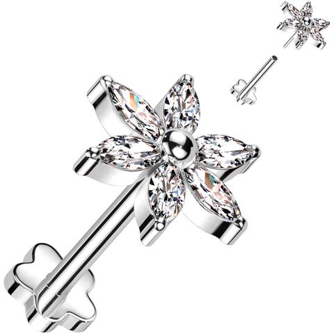 18G 5/16 Clear CZ Gem Style Flower Medical Grade Titanium Reversible Flat Back Earring