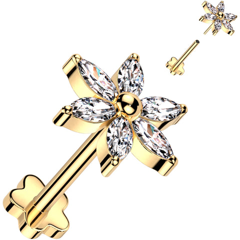 18G 5/16 Clear CZ Gem Style Flower Gold PVD Medical Grade Titanium Reversible Flat Back Earring