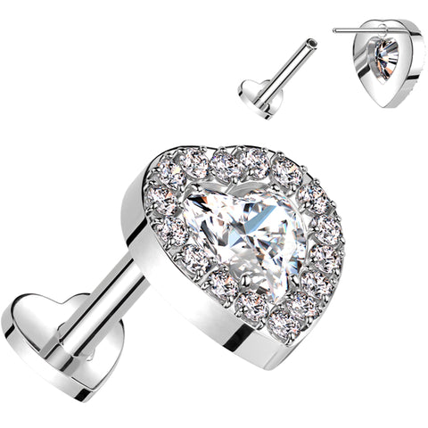 18G 5/16 Clear CZ Gem Heart Duo Medical Grade Titanium Reversible Flat Back Earring