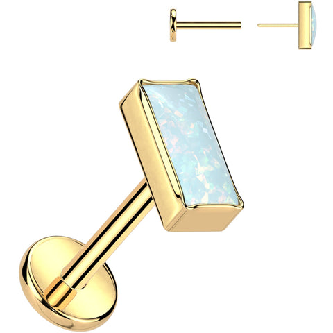 18G 5/16 Rectangular White Synthetic Opal Gold PVD Medical Grade Titanium Flat Back Earring