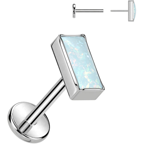18G 5/16 Rectangular White Synthetic Opal Medical Grade Titanium Flat Back Earring