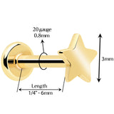 14k Solid Yellow Gold 3mm Star Threadless Push In Flat Back Stud