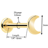 14k Solid Yellow Gold 3mm Moon Threadless Push In Flat Back Stud