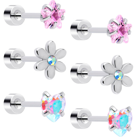 20G Pink Aurora Gem Star Heart Flower Flatback Earring Set of 6