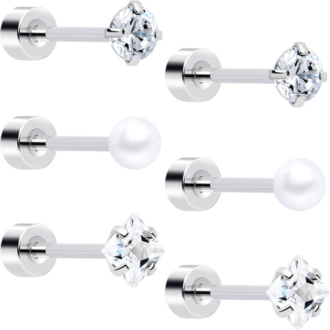 20G Clear Gem White Orb Flatback Earring Set of 6